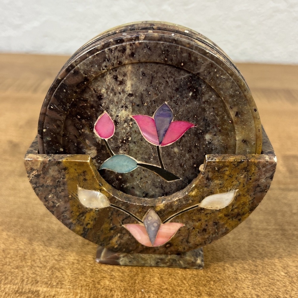 Vintage Marble Floral Mother of Pearl Inlay Coasters Set of 6 W/ Holder